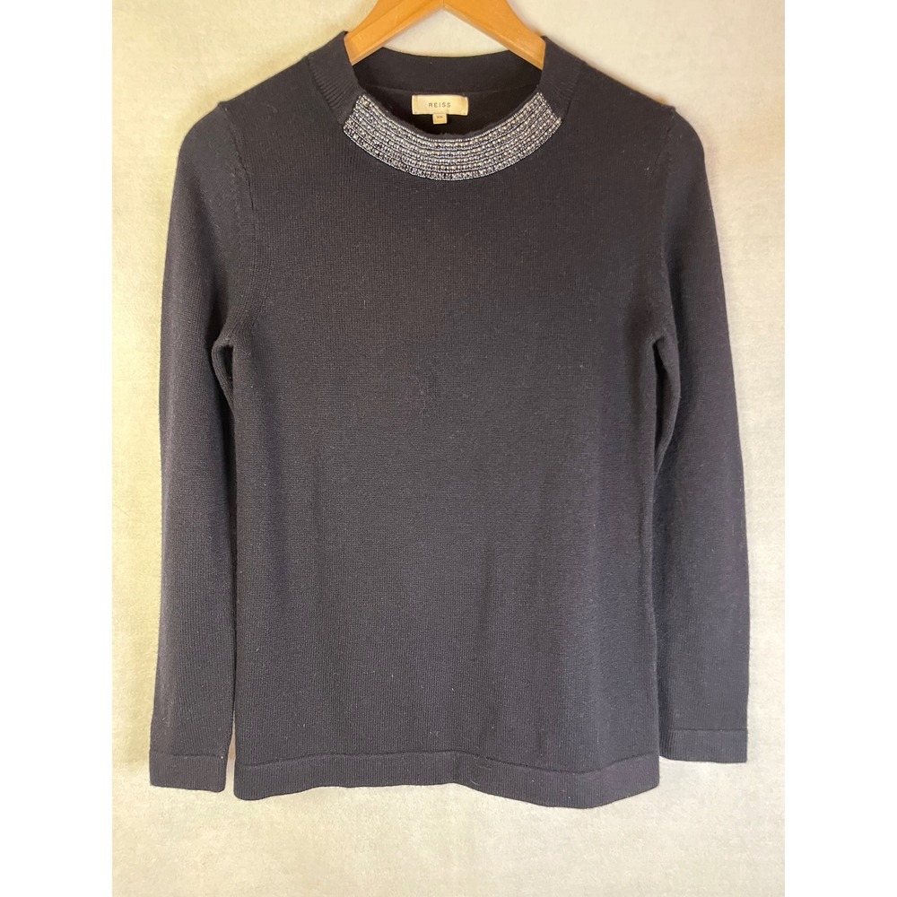 Reiss Women's XS Black Sweater Crew Neck Rhinestone Wool Cashmere Viscose Nylon